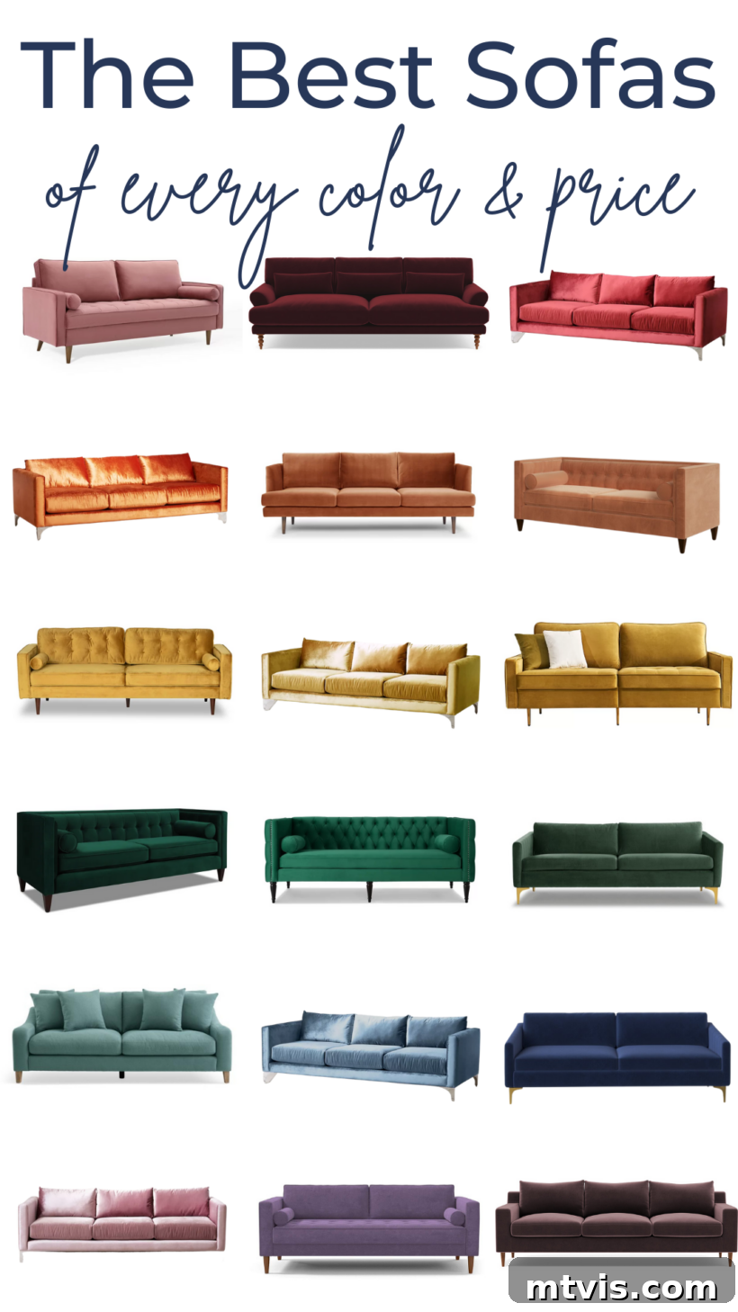 The Ideal Sofa for Every Hue and Home Budget 2 A vibrant, stylish living room with a colorful sofa as the centerpiece, showcasing modern furniture design.