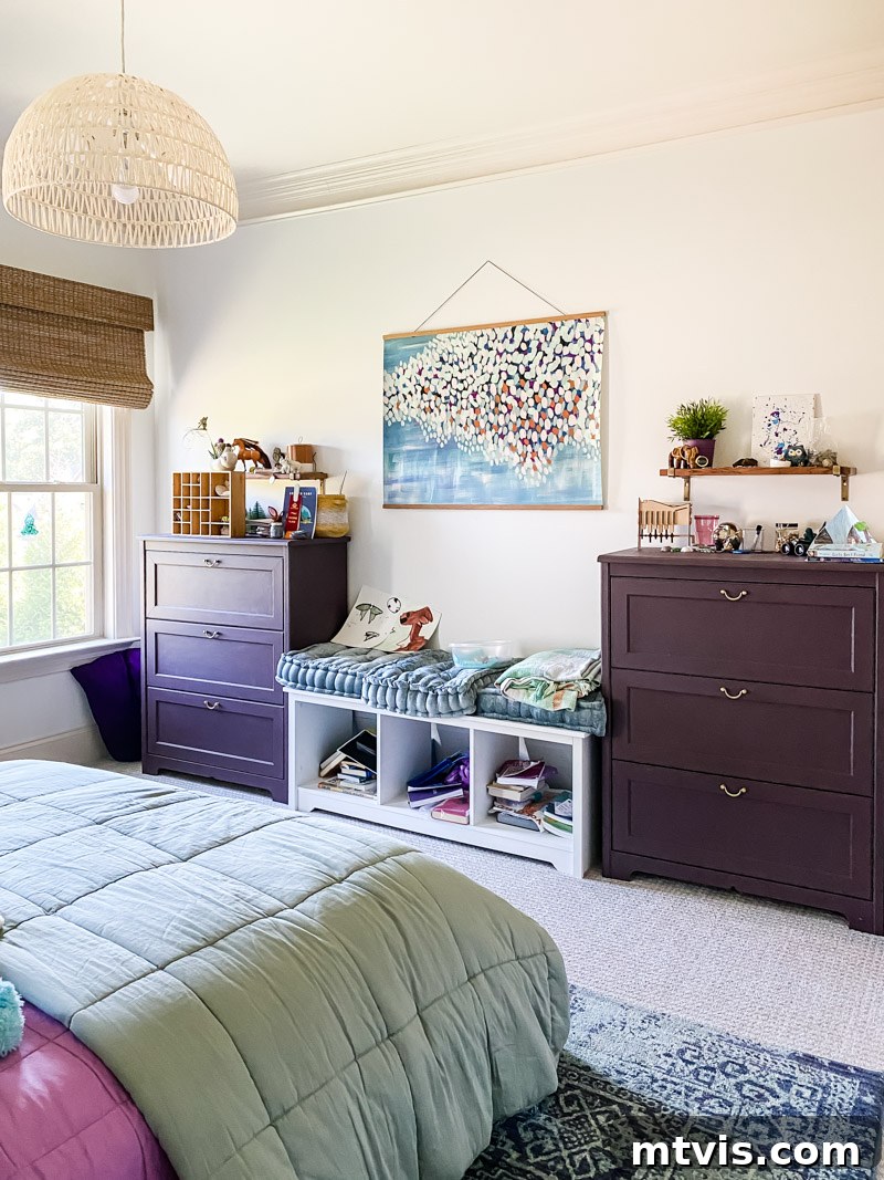 Another 'before' photo of the girl's room, highlighting the dated and bulky furniture that needed replacement.