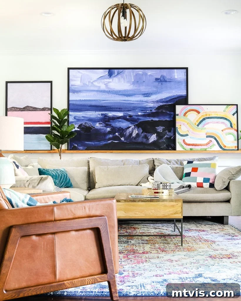 Elevate Your Living Room: Designer Secrets for Art Selection 4 colorful living room with large art ledge