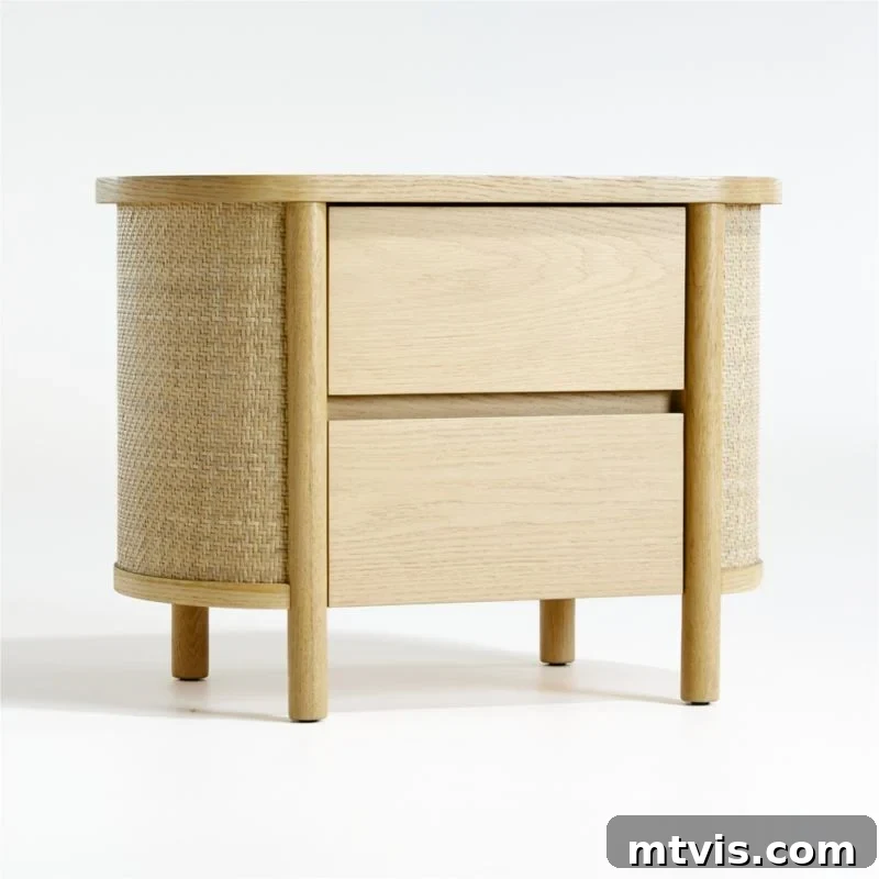 A unique cane-sided curved bedside table, exuding a cool modern vibe and offering a luxurious touch to any bedroom.