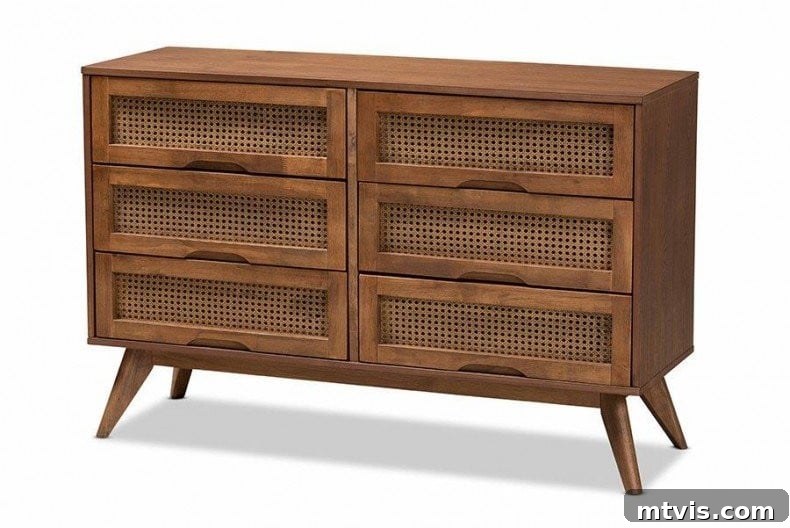 Masterful Style Without The Massive Price Tag 8 Wood and cane Mid-Century Modern dresser with no hardware