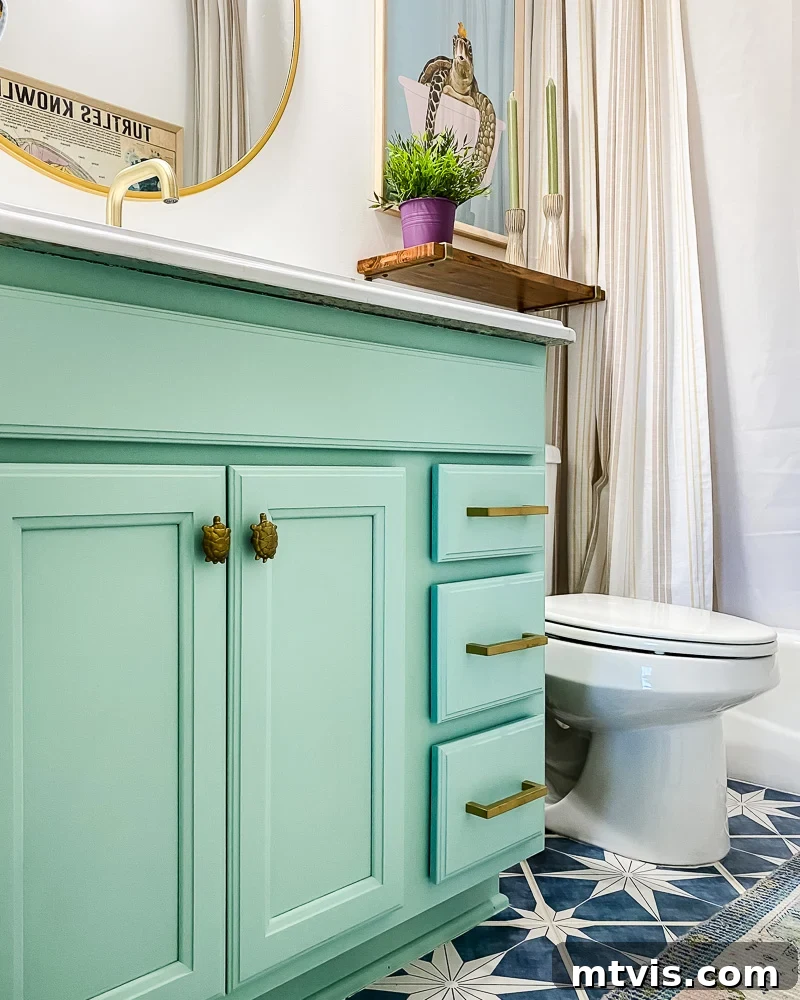 painted bathroom vanity with turtle knobs