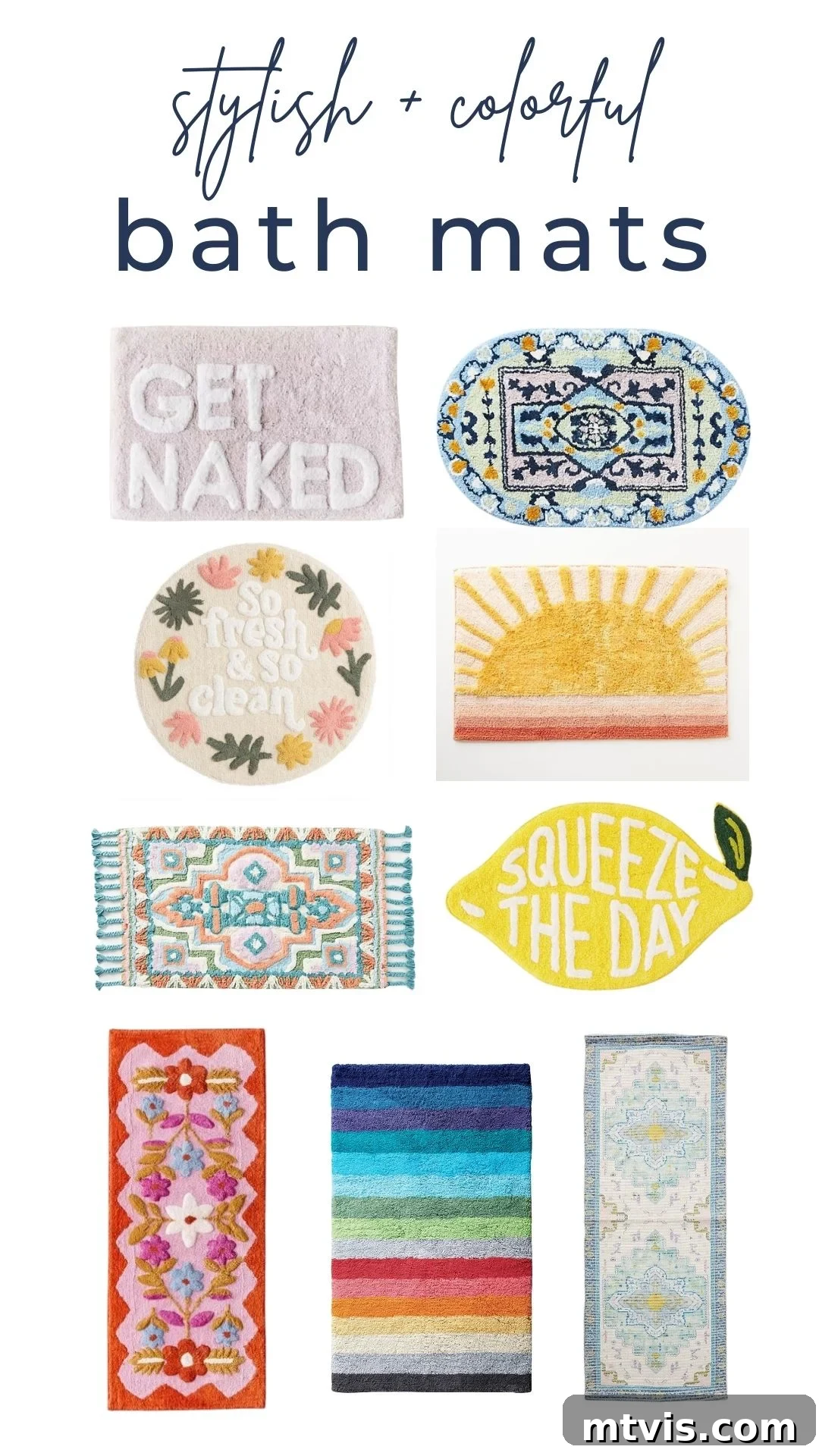 Splash of Style: Top Bath Mats for Bright Bathrooms 2 A collection of 10 vibrant and stylish bath mats for colorful bathrooms. Designs include a lemon-shaped mat saying "Squeeze the Day," a round floral mat with "So fresh and so clean," and various bohemian and modern patterns. The image emphasizes adding fun and color to bathroom decor.