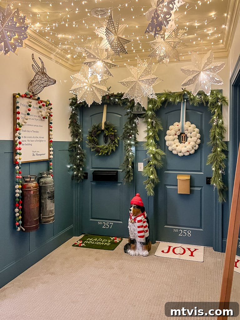 Decorate Your Bedroom Doors Apartment Style 4 Festive apartment doors in a hallway, decorated for Christmas