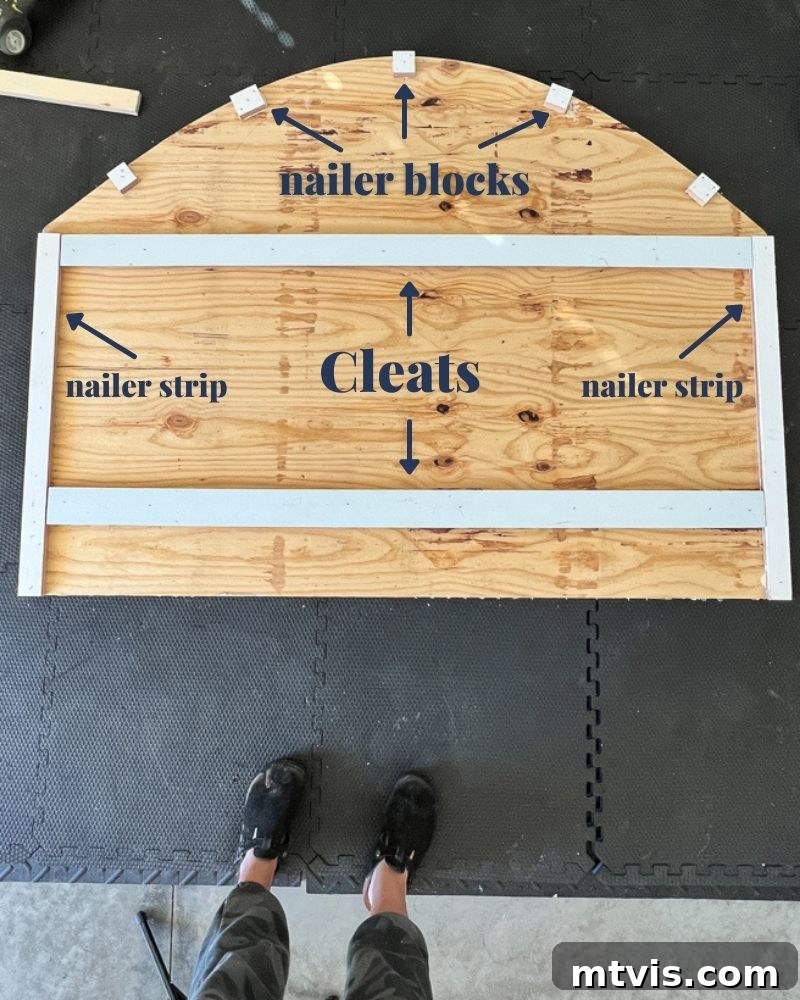 Back of DIY headboard showing nailing blocks and cleats