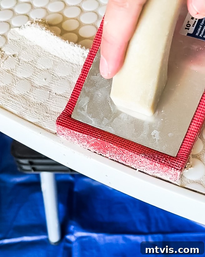 Grouting the edge of the headboard