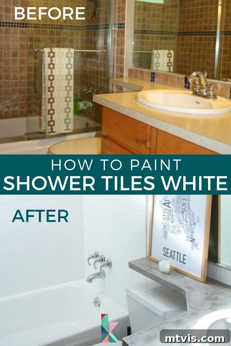 Give Your Shower Tiles a Fresh White Look 2 Before and after image of shower tiles painted white. Center text reads "How to paint shower tiles white."