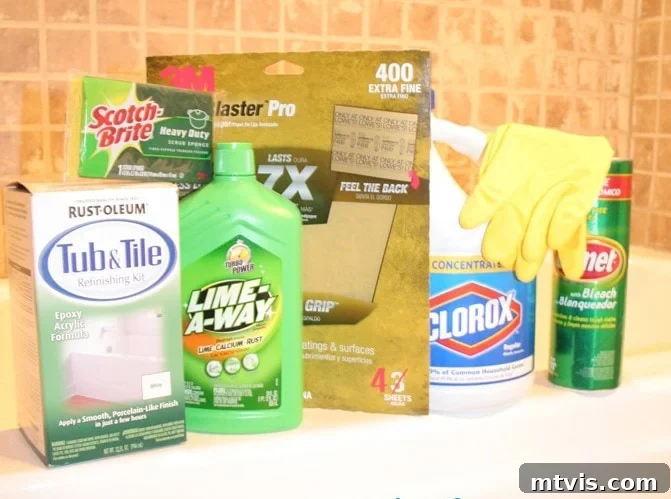 Give Your Shower Tiles a Fresh White Look 3 Close-up of the supplies needed to paint shower tiles white are Tub and Tile, Lime-A-Way. Scotch Brite sponge, Plaster Pro, Clorox bleach, Comet and gloves.