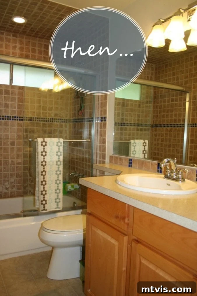 Give Your Shower Tiles a Fresh White Look 4 The picture labelled "then" shows brown shower tiles and brown cabinets in a bathroom before you paint shower tiles white.