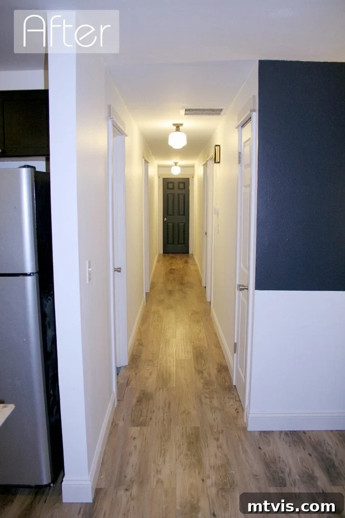 Give Your Shower Tiles a Fresh White Look 6 "After" is in the upper left corner of a picture of a long hallway in a house. The words, "Hallway Remodel" is on the bottom.