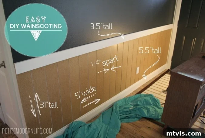 Give Your Shower Tiles a Fresh White Look 7 The words "DIY Easy Wainscoting" is on the bottom of a picture of a wall with grey paint and brown wainscoting. On the wall are written measurements and notes.