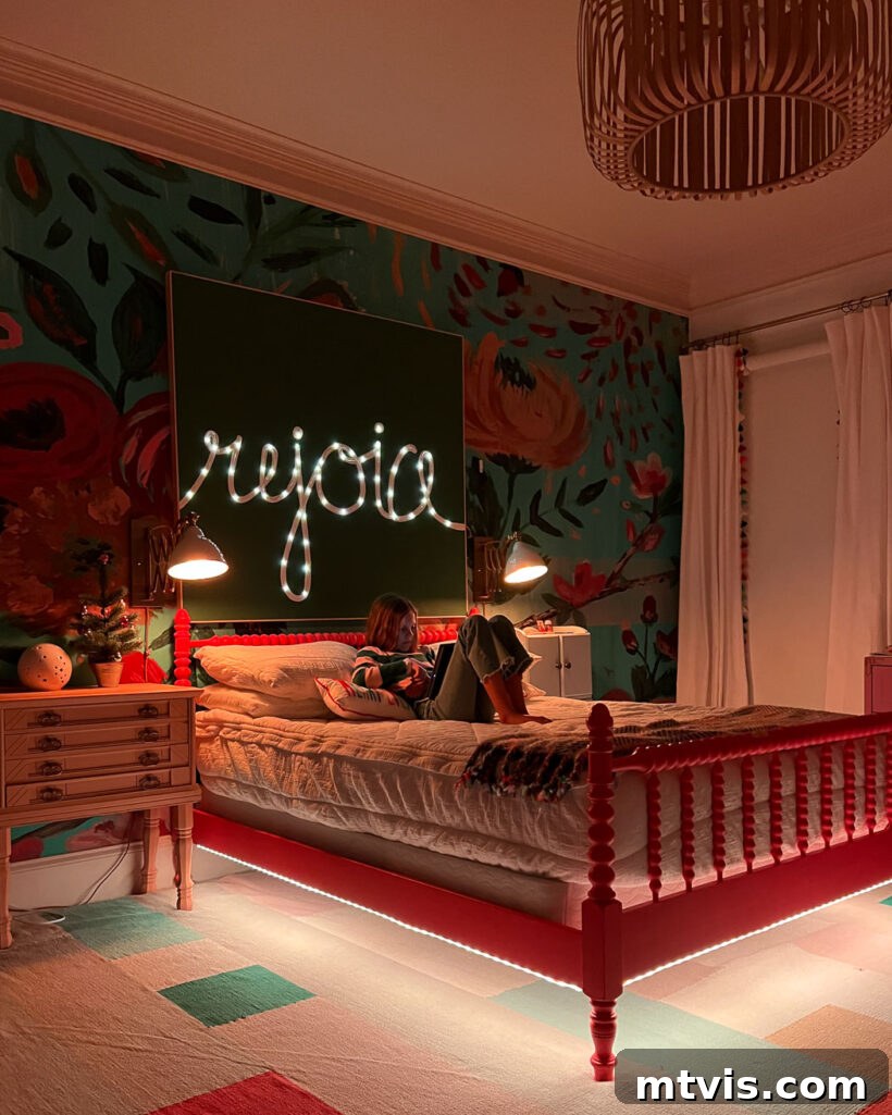 DIY lighted wall art illuminating a girl's bedroom, creating a cozy atmosphere