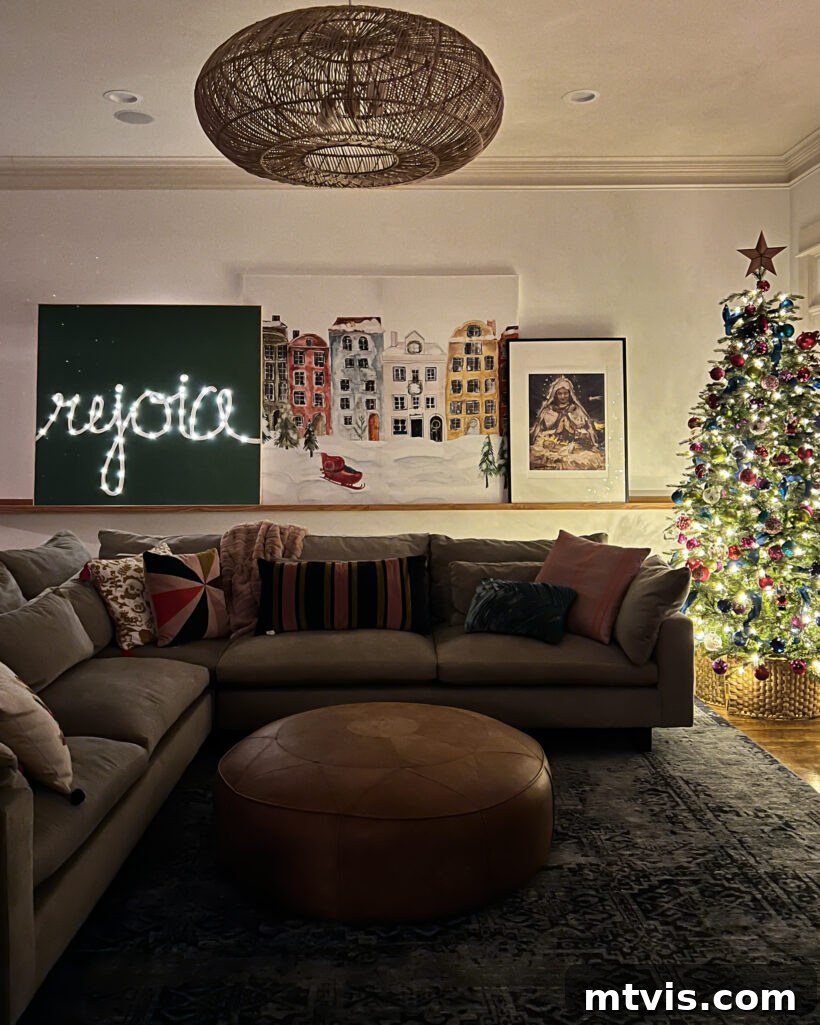 DIY light up wall art displayed in a cozy family room