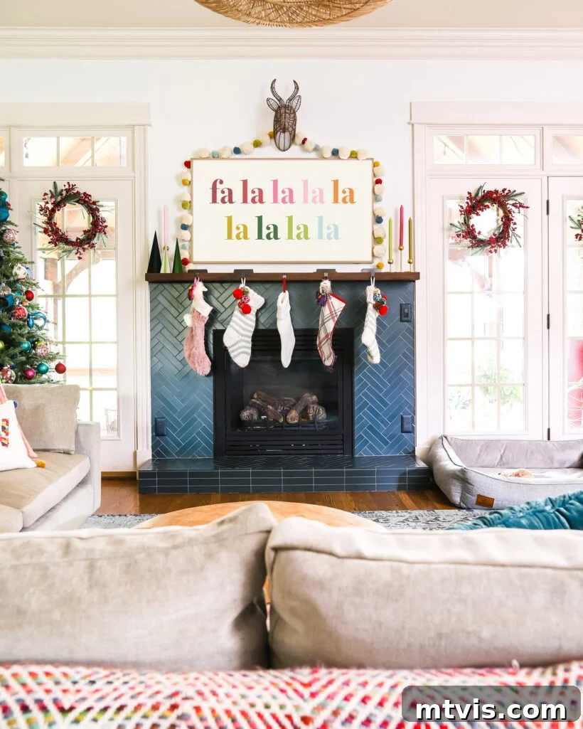 A Spectrum of Holiday Cheer: Our 2021 Christmas Home Tour 10 A vibrant and colorful family room beautifully decorated for the holidays, featuring cheerful Christmas elements.
