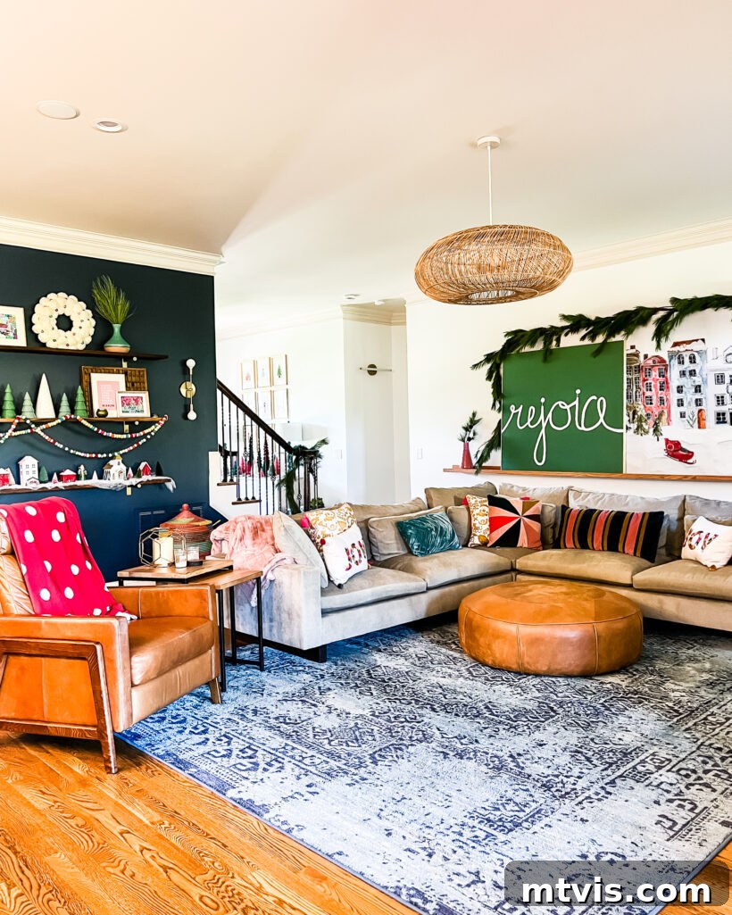 A Spectrum of Holiday Cheer: Our 2021 Christmas Home Tour 13 A vibrantly decorated family room for Christmas, showcasing unique holiday touches and colorful accents.