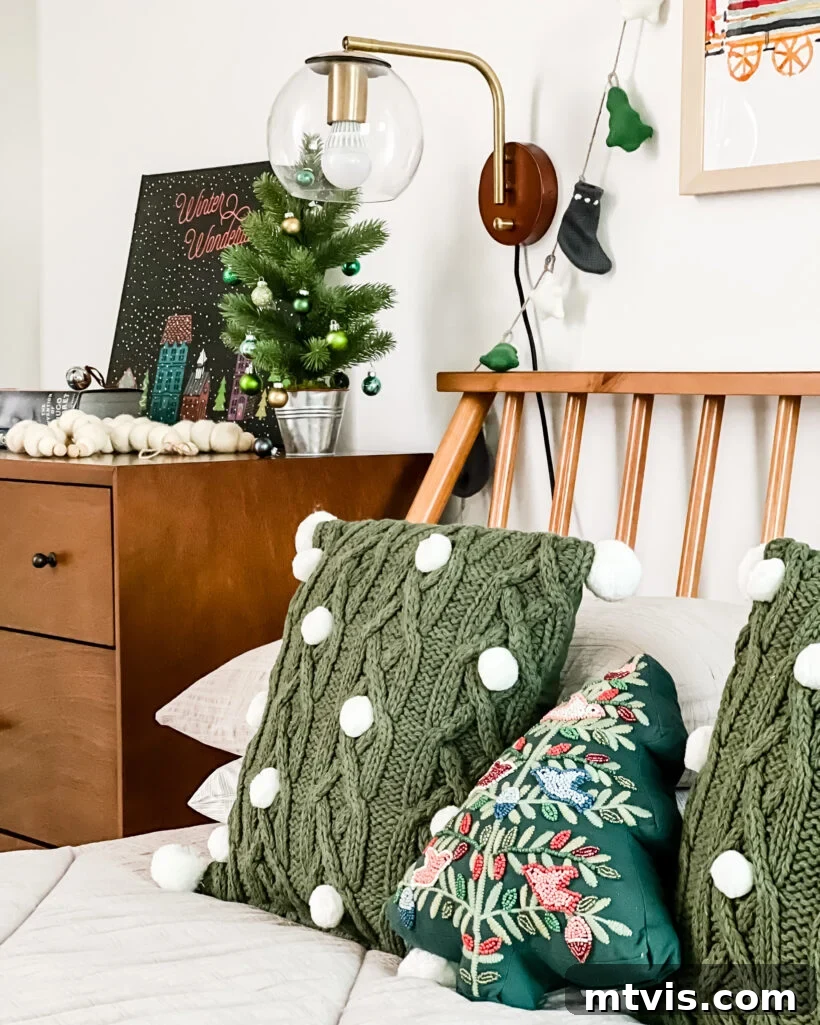 Cozy details and festive touches in Avery's Christmas bedroom.