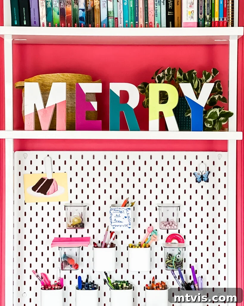 Close-up of Christmas decor and personalized touches in Attley's room.