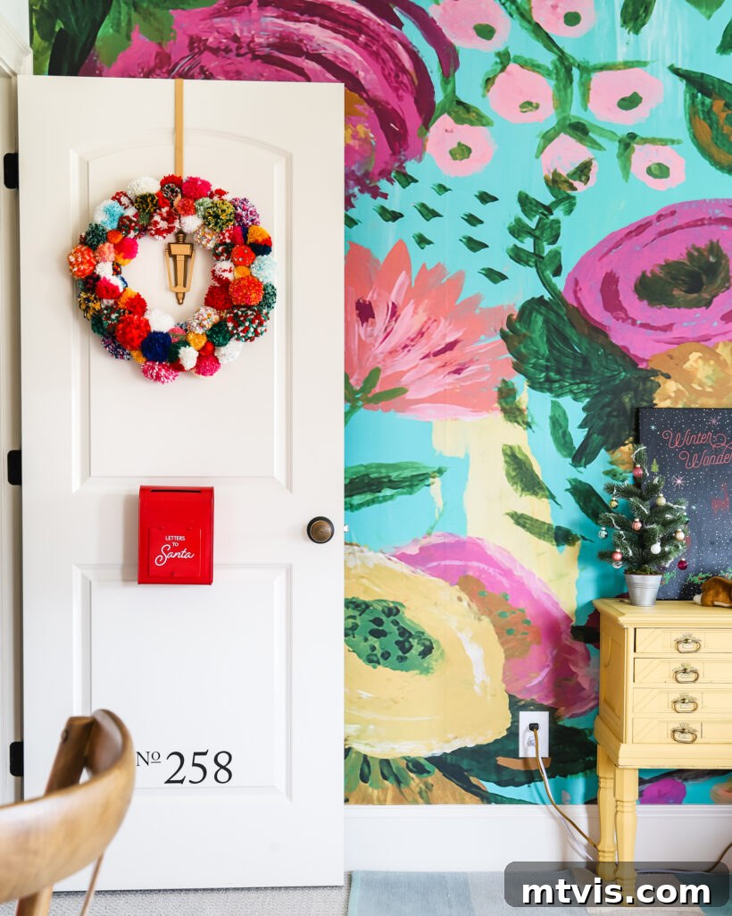 A wider view of Attley's creatively decorated and colorful Christmas room.