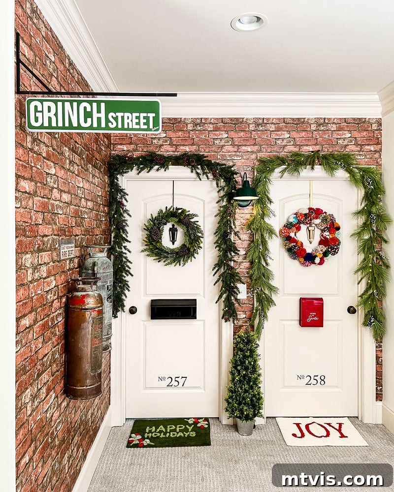 The unique hallway makeover with apartment-style doors decorated for Christmas.
