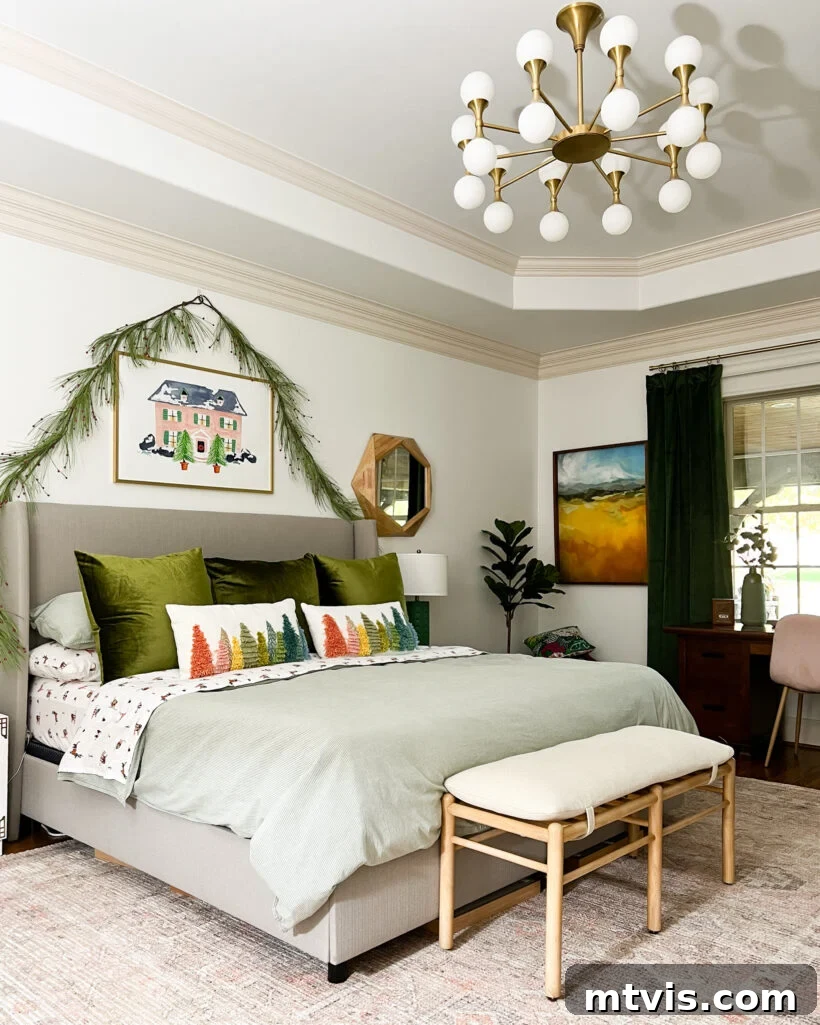 Close-up of dog-patterned Christmas flannel sheets and a new rug in the master bedroom.