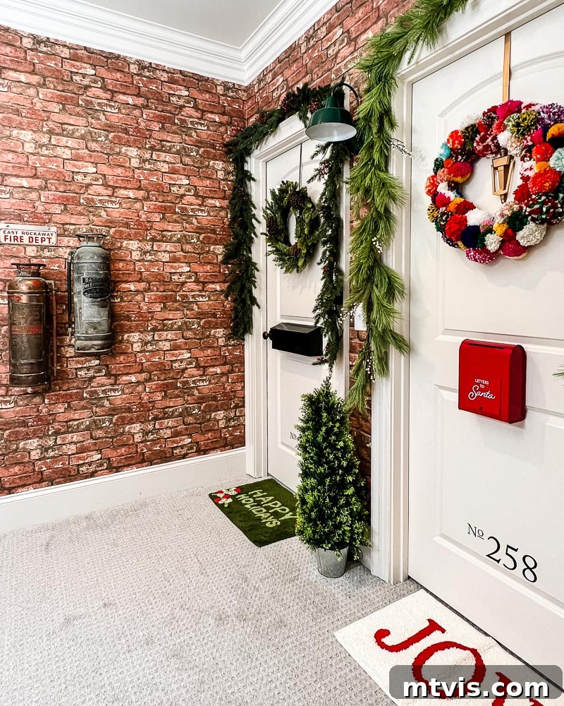 Close-up of one of the Christmas-decorated apartment doors in the hallway.