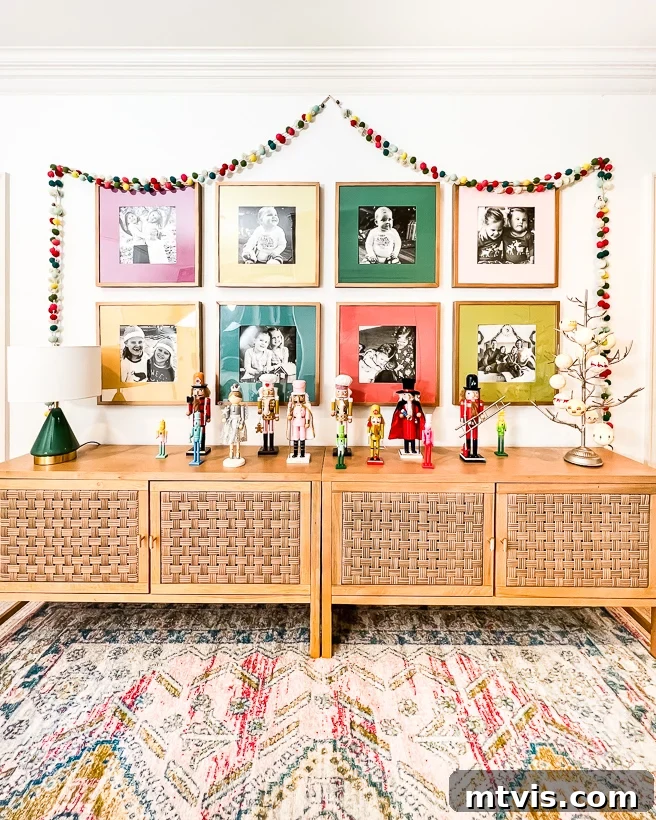 The hallway landing with a gallery wall featuring past Christmas photos.