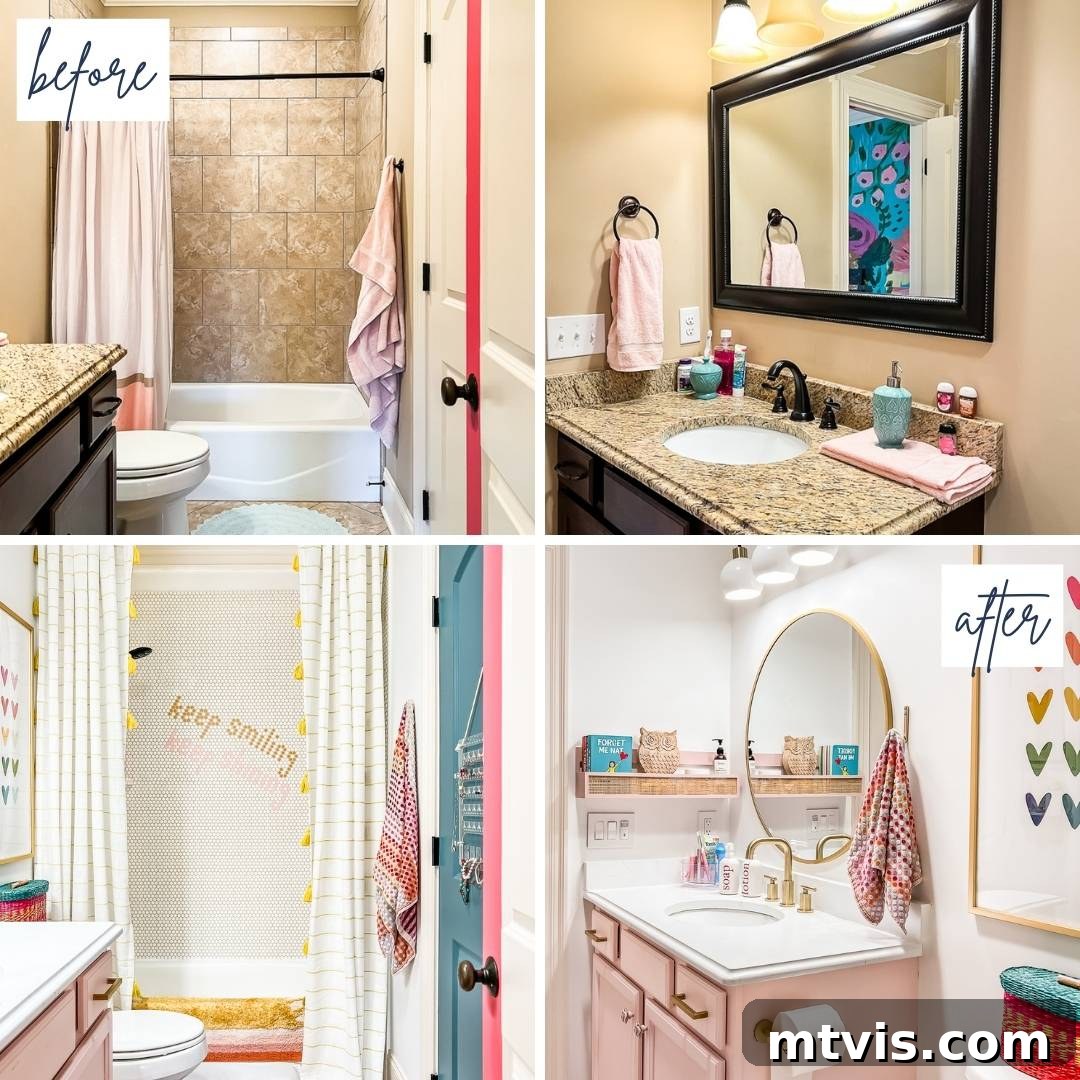 A collage of four images showing before and after of girl's bathroom after a DIY budget-friendly makeover. 