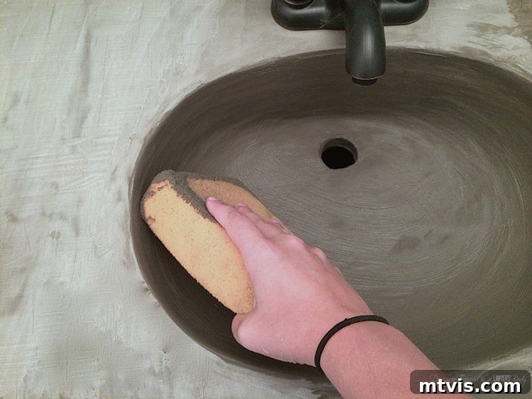 Effortless DIY Concrete Vanity and Sink No Forms No Heavy Lifting 10 A close-up of a hand using a sponge to smooth out partially dried concrete overlay in a bathroom sink basin, refining the surface texture.