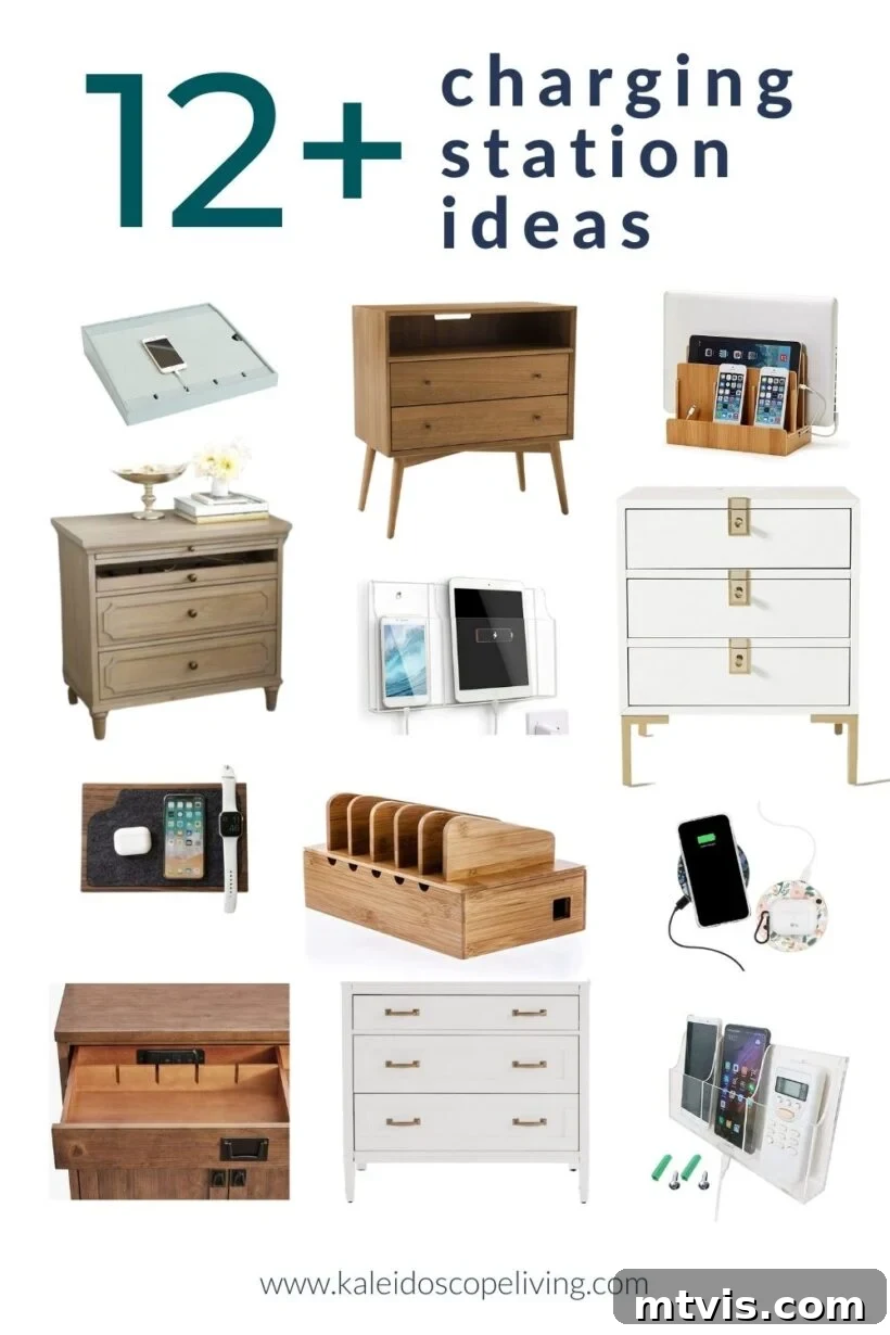 A collage image of stylish and functional charging stations, with the words, "12+ charging station ideas."