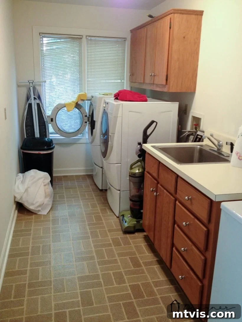 Mastering Durable Vinyl Floor Painting 3 Outdated brick pattern vinyl floor in laundry room before renovation
