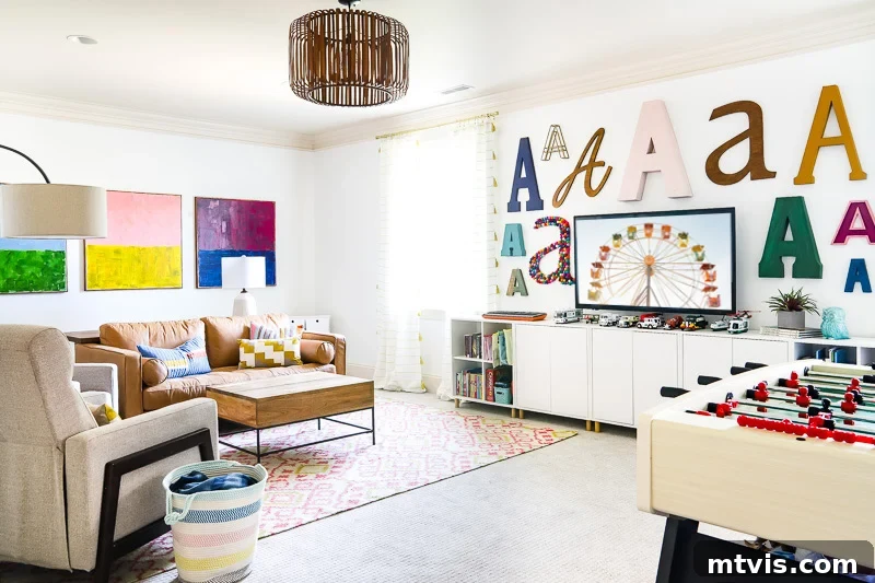 Our Family's Colorful Oasis: A Bonus Room Tour 3 Overview of the refreshed, spacious bonus room with comfortable seating and ample open floor space
