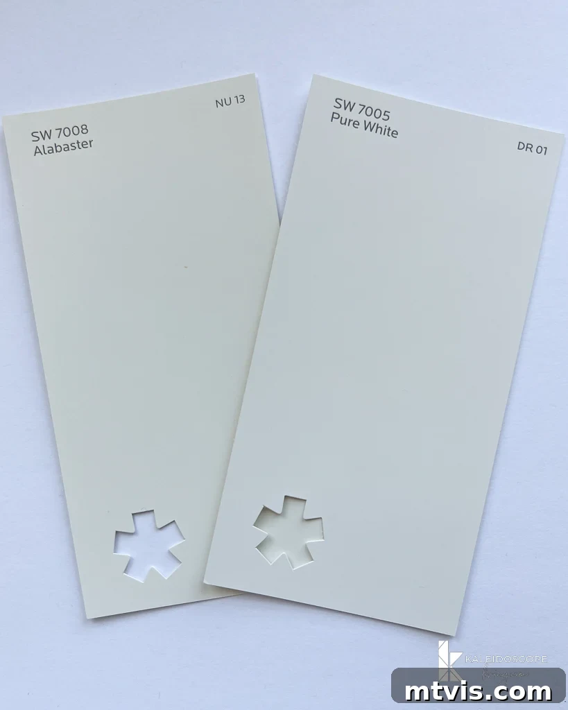 Sherwin Williams Pure White SW7005: Is This Your Perfect White? A Visual Review 11 Comparison of Sherwin-Williams Pure White vs. Alabaster paint chips.