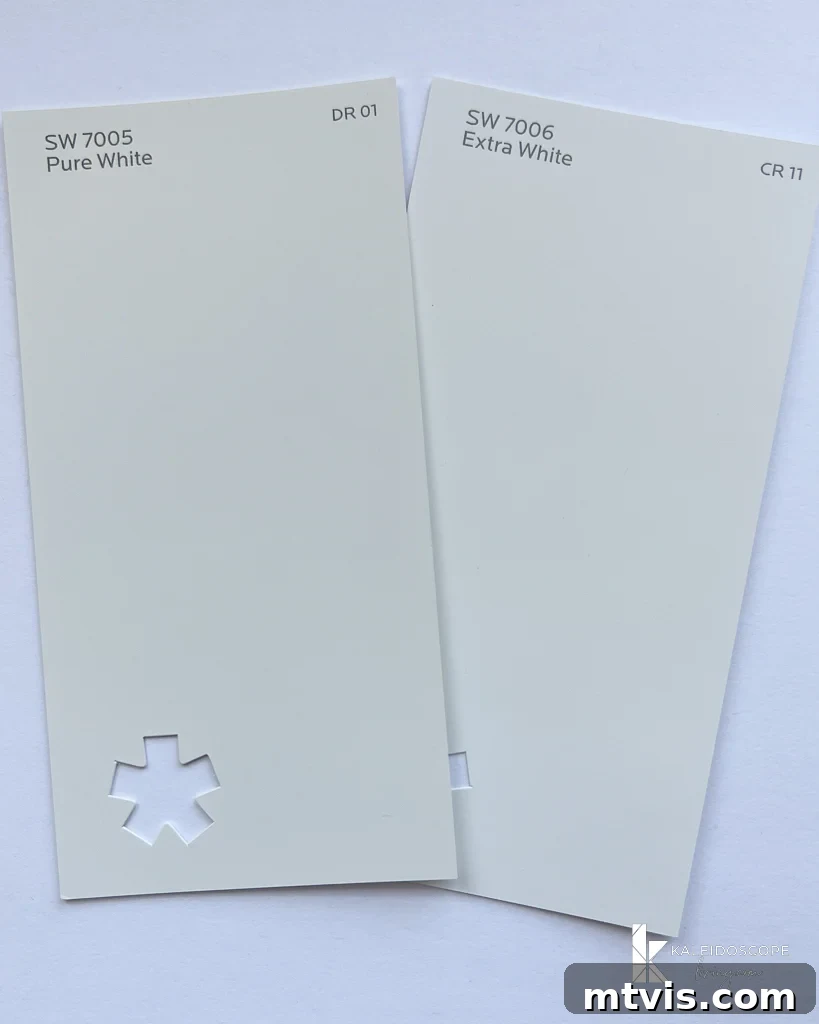Sherwin Williams Pure White SW7005: Is This Your Perfect White? A Visual Review 12 Comparison of Sherwin-Williams Pure White vs. Extra White paint chips.