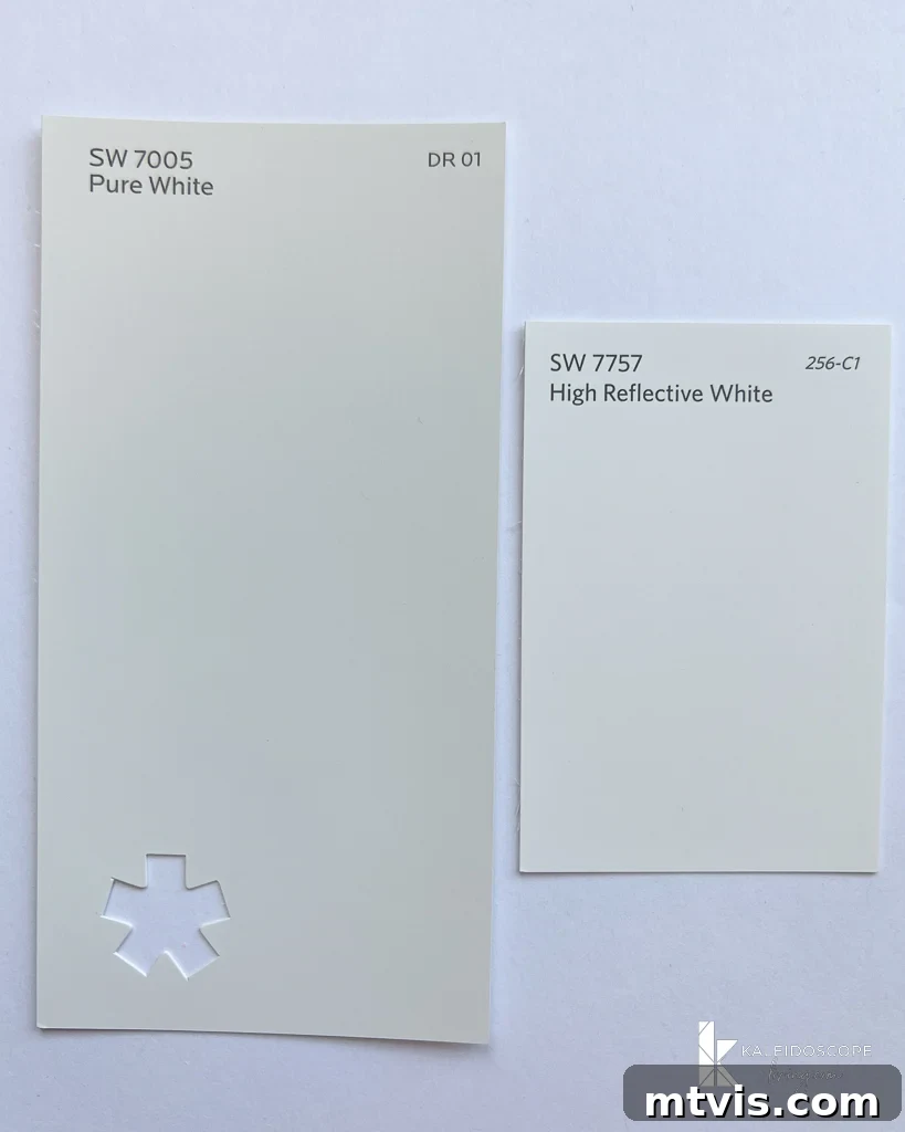 Sherwin Williams Pure White SW7005: Is This Your Perfect White? A Visual Review 14 Comparison of Sherwin-Williams Pure White vs. High Reflective White paint chips.