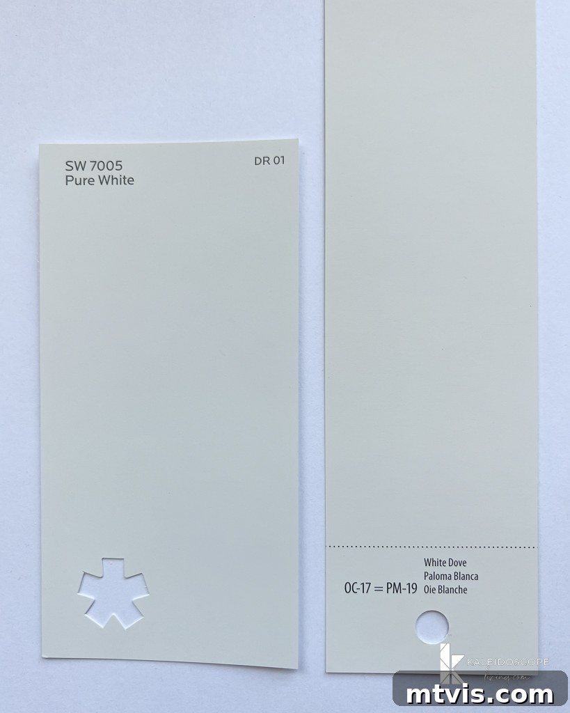 Sherwin Williams Pure White SW7005: Is This Your Perfect White? A Visual Review 15 Comparison of Sherwin-Williams Pure White vs. Benjamin Moore White Dove paint chips.