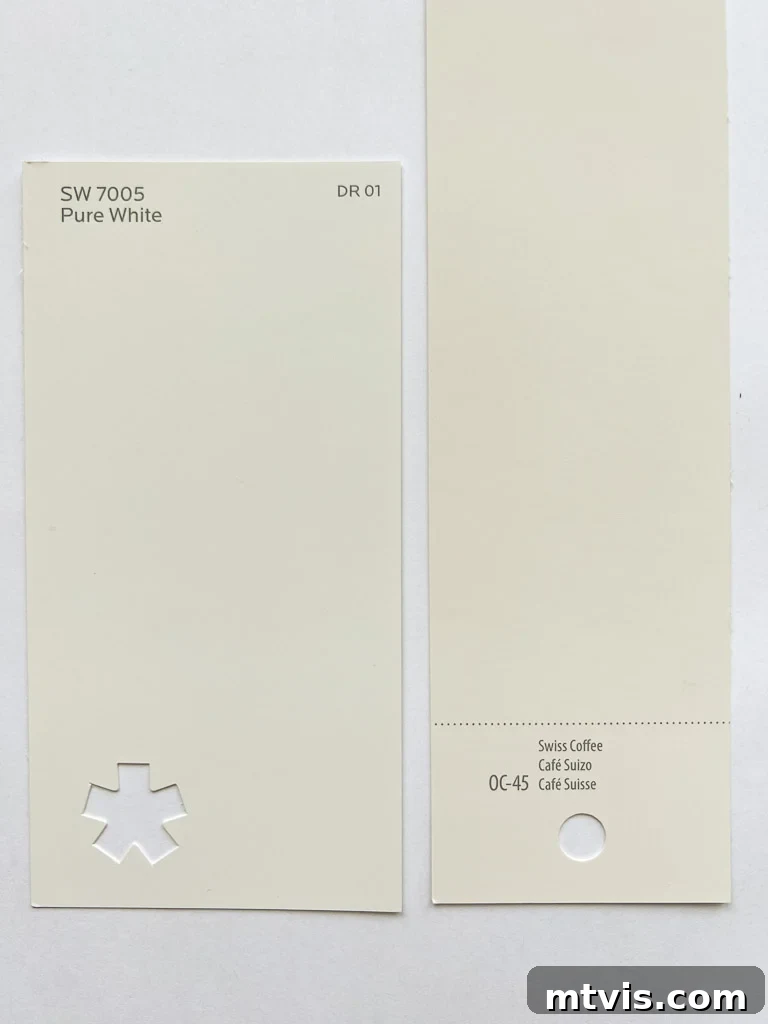 Sherwin Williams Pure White SW7005: Is This Your Perfect White? A Visual Review 16 Comparison of Sherwin-Williams Pure White vs. Benjamin Moore Swiss Coffee paint chips.