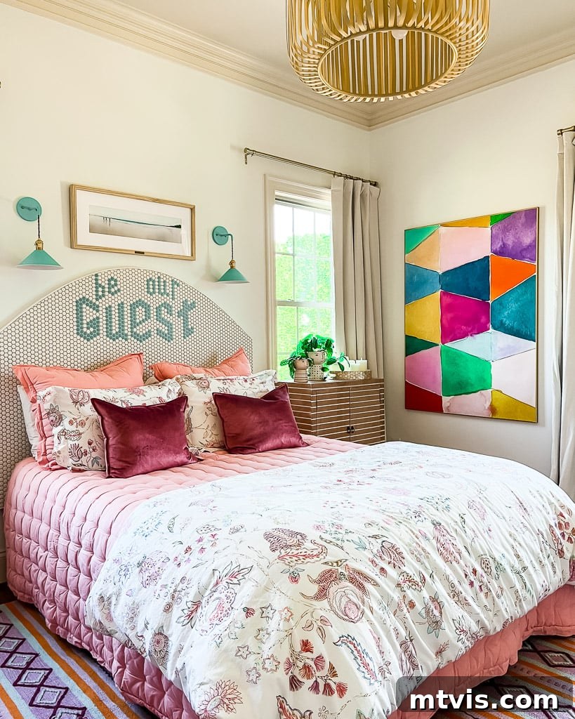 Sherwin Williams Pure White SW7005: Is This Your Perfect White? A Visual Review 7 A guest room featuring colorful decor and walls painted with Pure White, demonstrating light's effect.