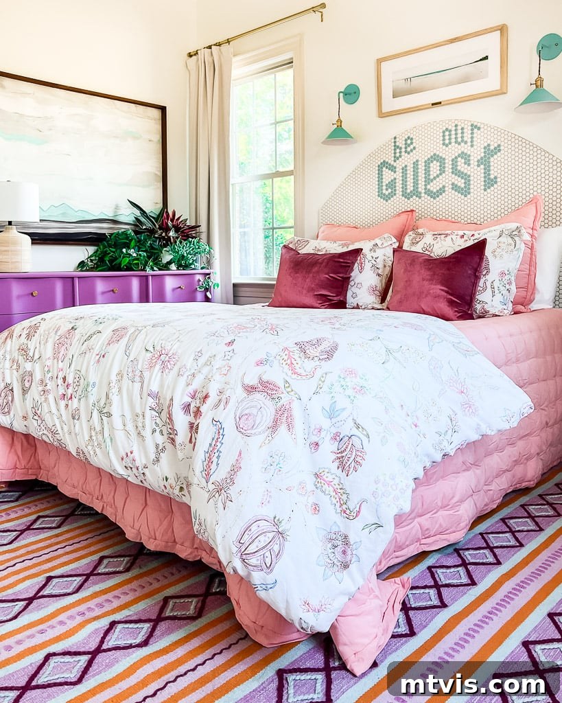 Sherwin Williams Pure White SW7005: Is This Your Perfect White? A Visual Review 8 Another perspective of the guest room, highlighting an 8x10 rug and Pure White walls in varying light.