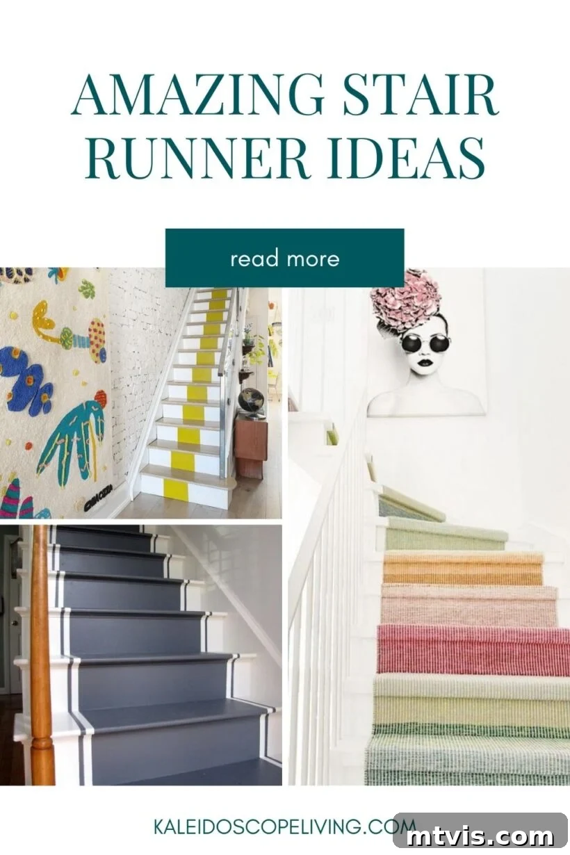 Elevate Your Entryway: Creative Stair Runner Designs 2 Collage of three distinct stair runner designs: a vibrant yellow pattern, a classic striped runner, and a creative painted staircase with numbers. The text reads "Amazing Stair Runner Ideas".