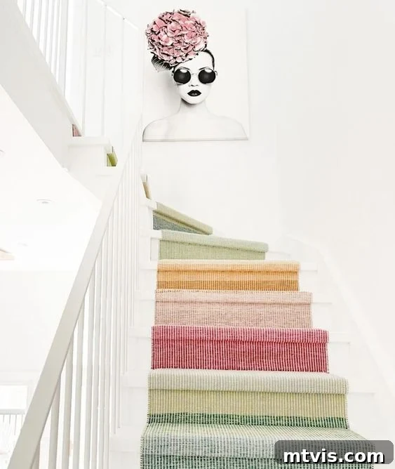 Elevate Your Entryway: Creative Stair Runner Designs 4 A sophisticated color-blocked striped staircase runner in spring-inspired hues by Paula Himmel Design, offering a fresh stair runner idea.