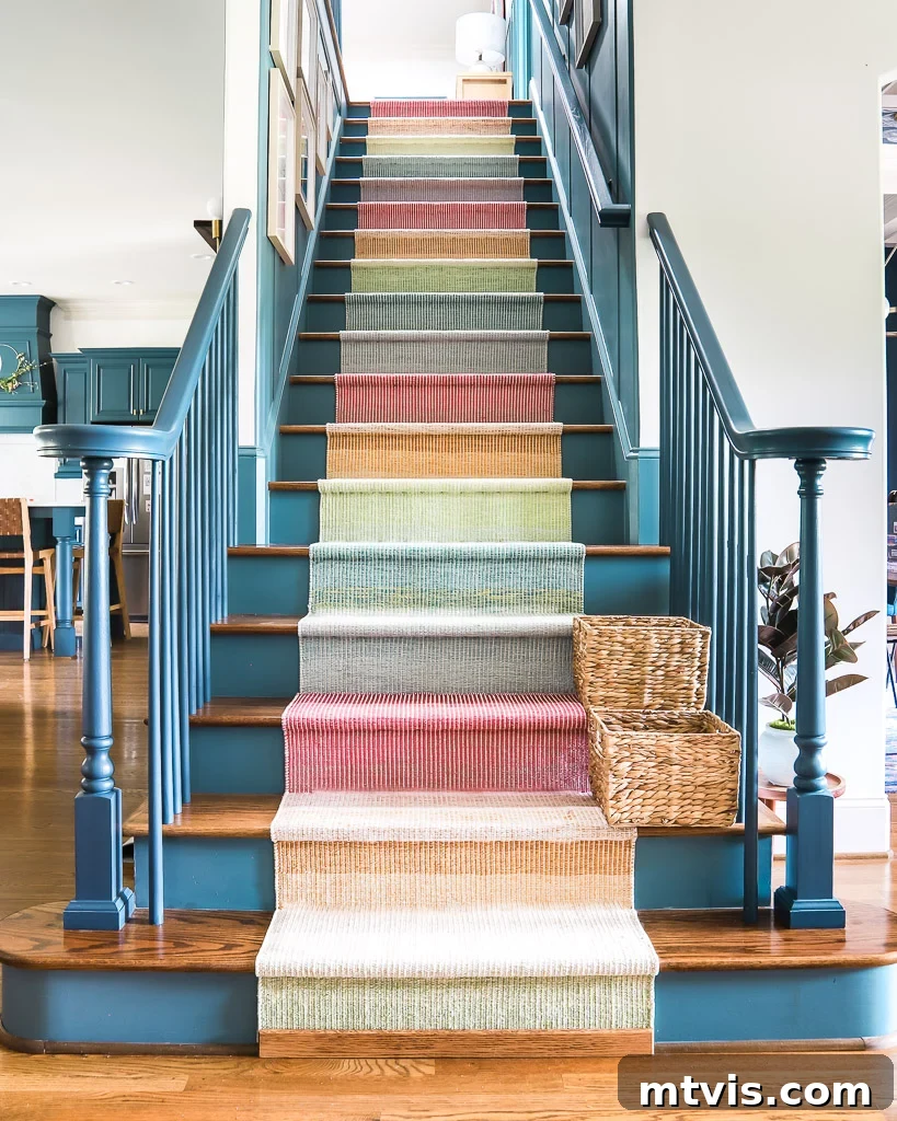 Elevate Your Entryway: Creative Stair Runner Designs 5 Our recently transformed staircase featuring a colorful DIY stair runner installation, a testament to a successful home makeover project.