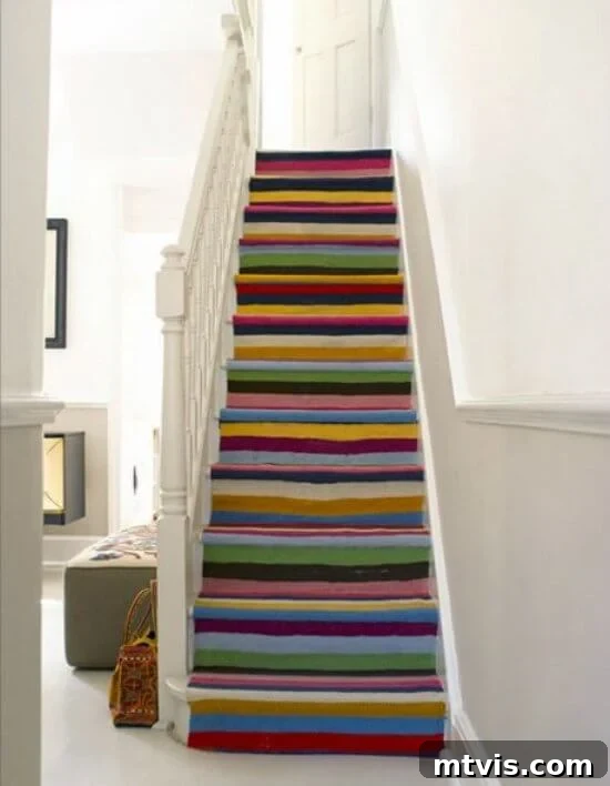 Elevate Your Entryway: Creative Stair Runner Designs 7 A striking horizontal, colorful striped staircase runner boldly contrasting with clean white walls, creating an energetic and inviting pathway.