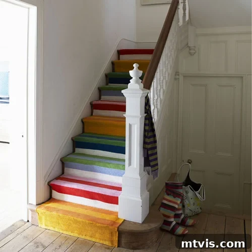 Elevate Your Entryway: Creative Stair Runner Designs 9 A DIY colorful staircase runner ingeniously crafted from different rugs, showcasing a creative and budget-friendly stair runner idea for unique home decor.