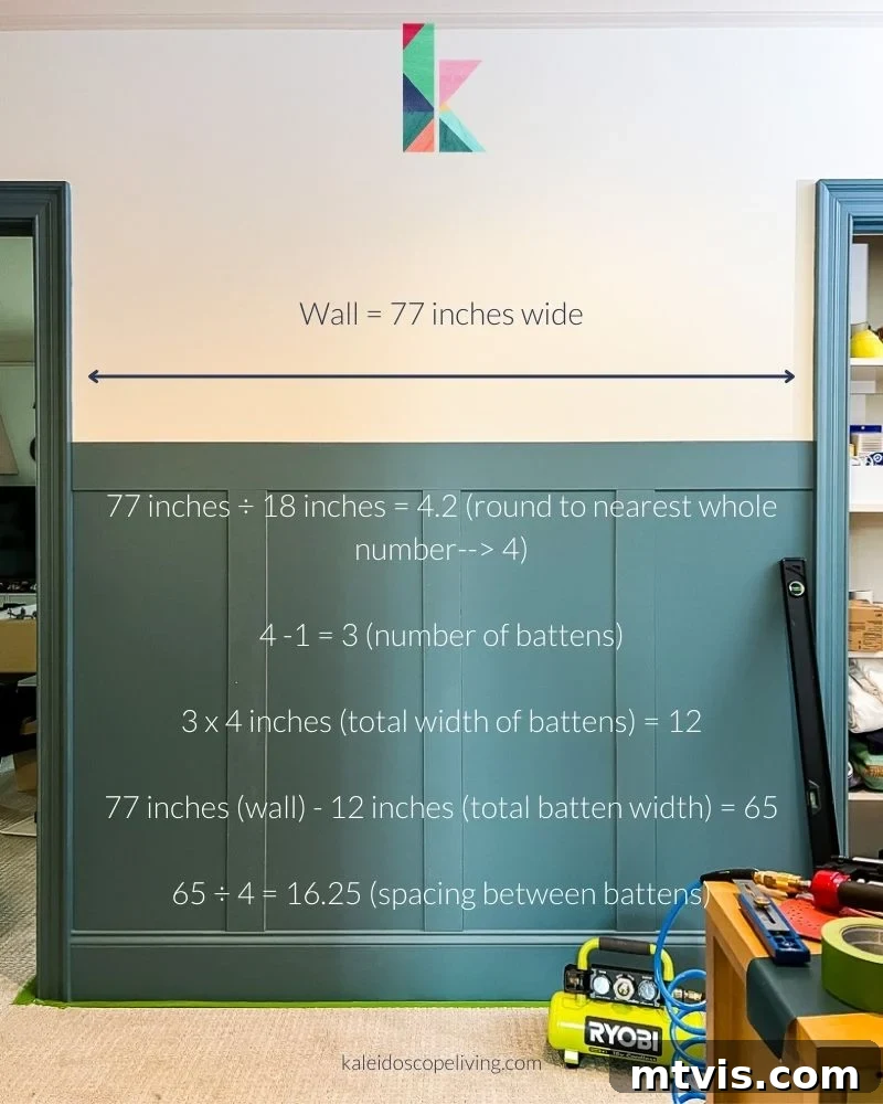 Effortless Board and Batten Accent Wall DIY 8 Graphic explaining board and batten spacing formula and calculations