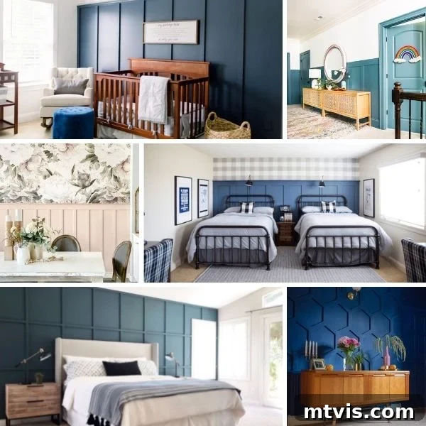 A collage of six beautiful board and batten accent wall ideas showcasing diverse styles and colors.