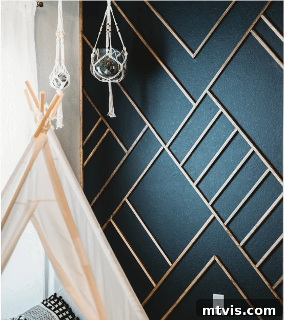 Wood-toned batten pieces are configured in unique geometric shapes against a deep turquoise wall.