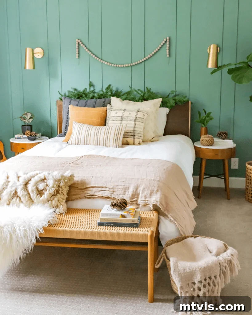 A bohemian style bed has wooden accents and a teal green board and batten wall at the head. 