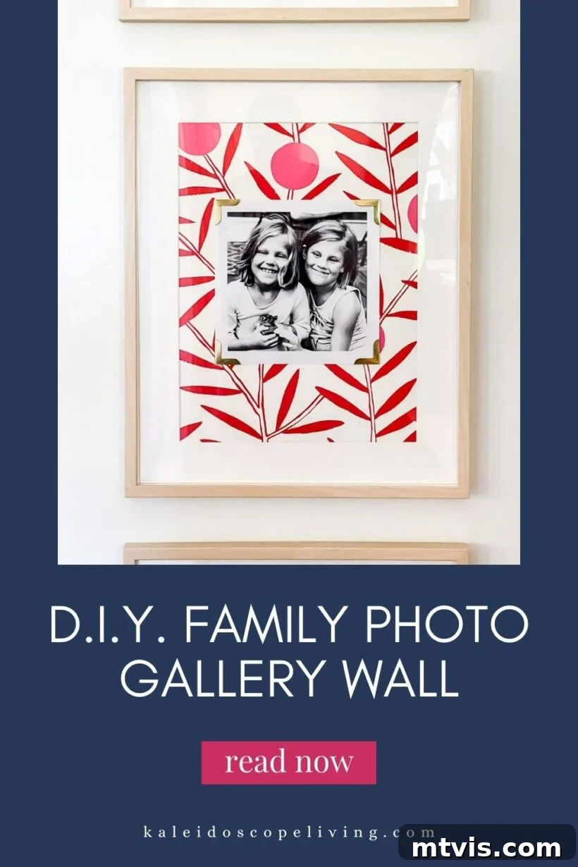 A beautifully arranged family photo gallery wall featuring elegant frames with unique wallpaper backgrounds, adding color and interest to a home alcove.