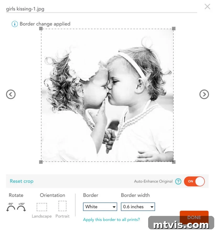 A screenshot illustrating the process of ordering photos with a white border from an online printing service.