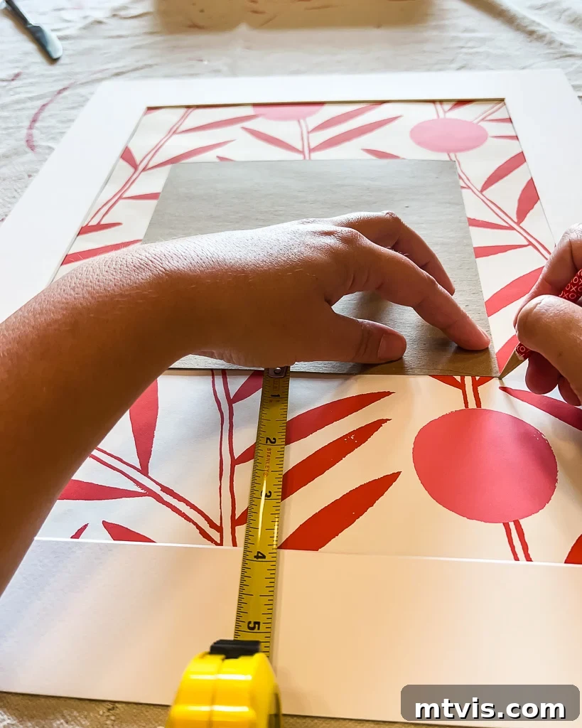 A hand using a ruler to measure and mark the precise center on a patterned photo mat, indicating where the family photo will be placed.